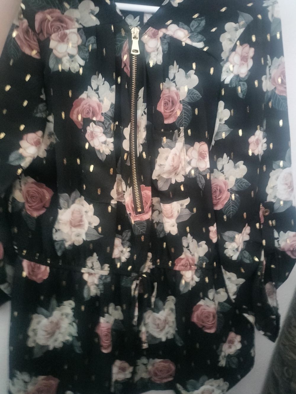 J for Justify Black Blouse with Gold Foil Dots and Floral Accents
